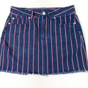American Eagle Striped Mini Denim Jeans Skirt Raw Hem Stretchy Women Size 6 Blue